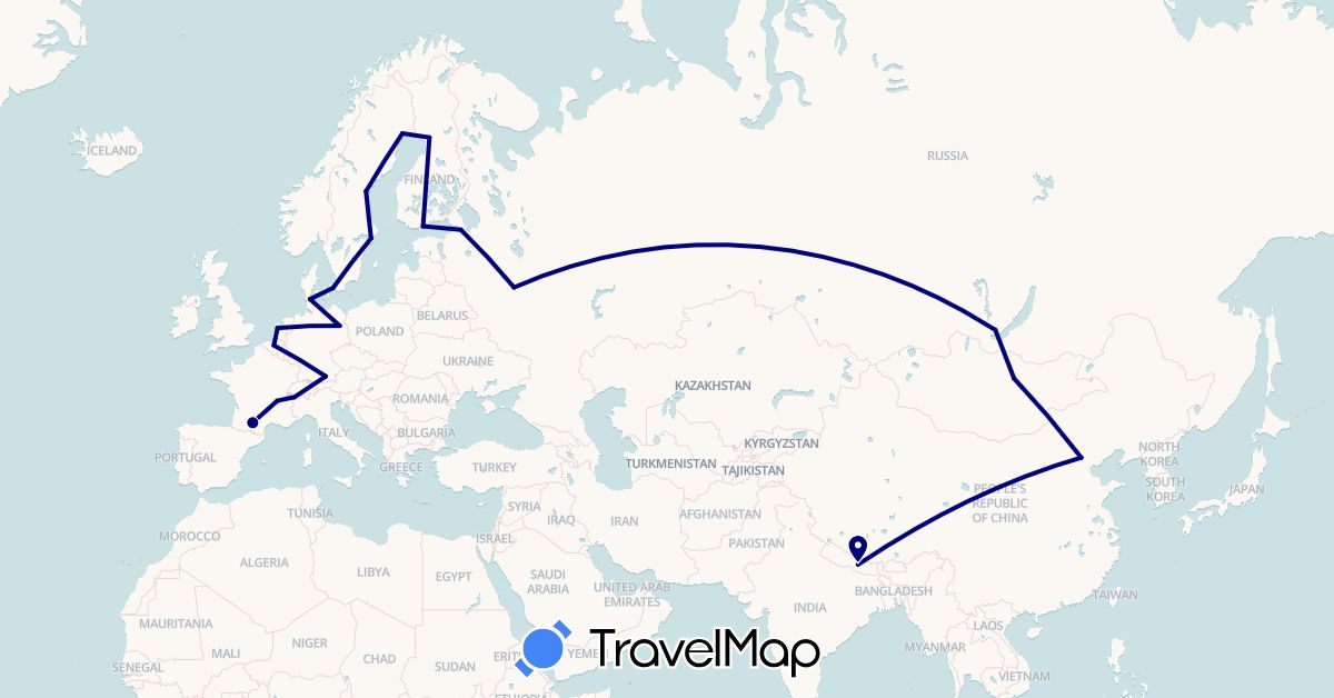 TravelMap itinerary: driving in Belgium, Switzerland, China, Germany, Denmark, Finland, France, Mongolia, Netherlands, Nepal, Russia, Sweden (Asia, Europe)